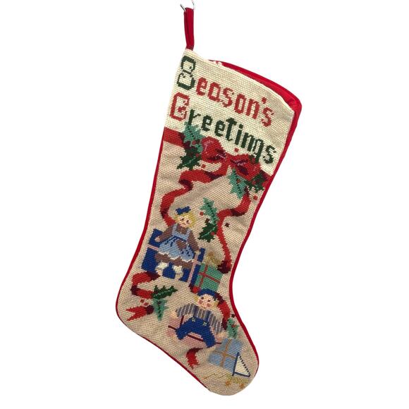 VTG Needlepoint Christmas Wool Stocking Red Velvet Backing Seasons Greetings Bow - Picture 1 of 9